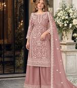 light brown embroidered net semi stitched plazzo suit