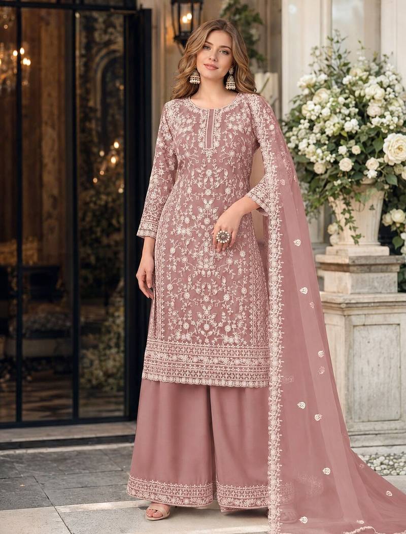 light brown embroidered net semi stitched plazzo suit
