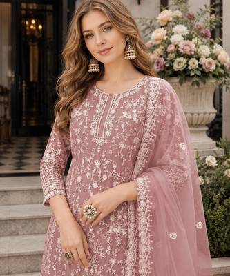 light brown embroidered net semi stitched plazzo suit 2