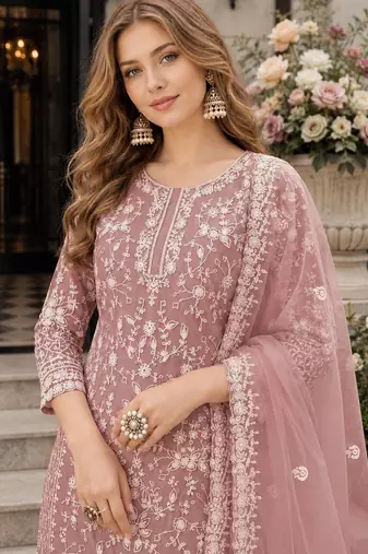 light brown embroidered net semi stitched plazzo suit