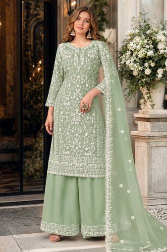 light green embroidered net semi stitched plazzo suit