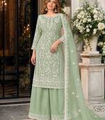 light green embroidered net semi stitched plazzo suit