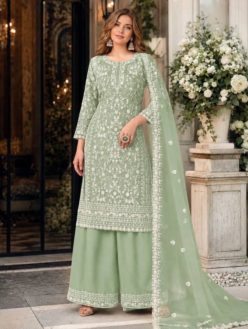 light green embroidered net semi stitched plazzo suit