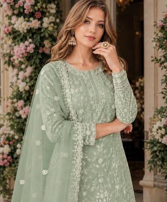 light green embroidered net semi stitched plazzo suit 2