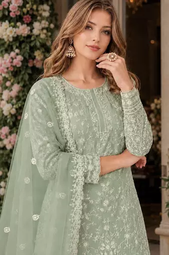 light green embroidered net semi stitched plazzo suit