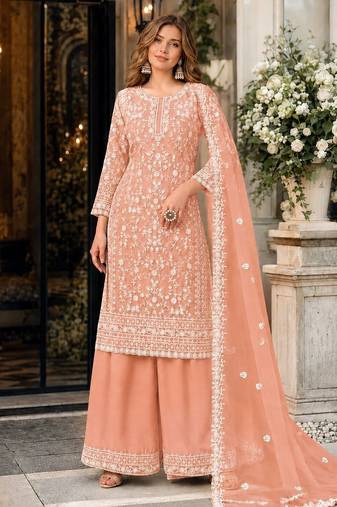orange embroidered net semi stitched plazzo suit