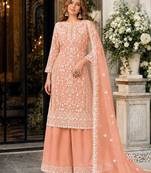 orange embroidered net semi stitched plazzo suit