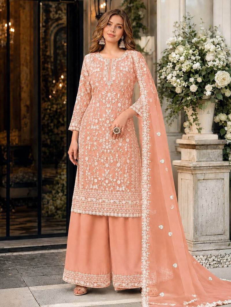 orange embroidered net semi stitched plazzo suit
