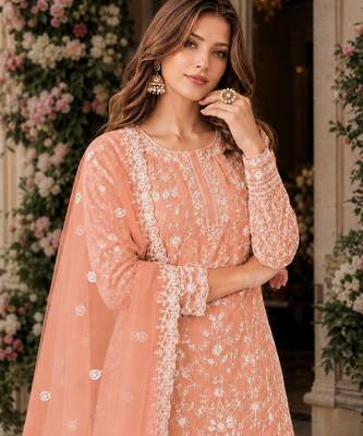 orange embroidered net semi stitched plazzo suit 2