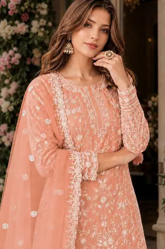 orange embroidered net semi stitched plazzo suit