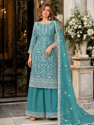 teal embroidered net semi stitched plazzo suit 1