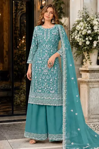 teal embroidered net semi stitched plazzo suit