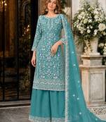 teal embroidered net semi stitched plazzo suit