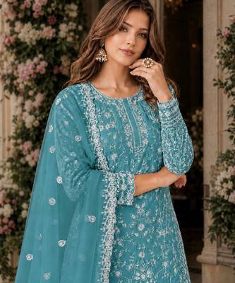 teal embroidered net semi stitched plazzo suit 2