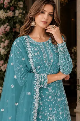 teal embroidered net semi stitched plazzo suit