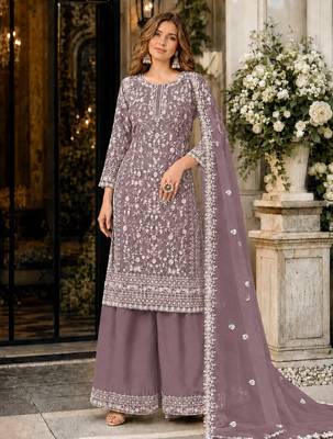 lavender embroidered net semi stitched plazzo suit 1