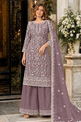 lavender embroidered net semi stitched plazzo suit