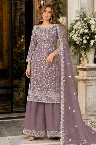 lavender embroidered net semi stitched plazzo suit