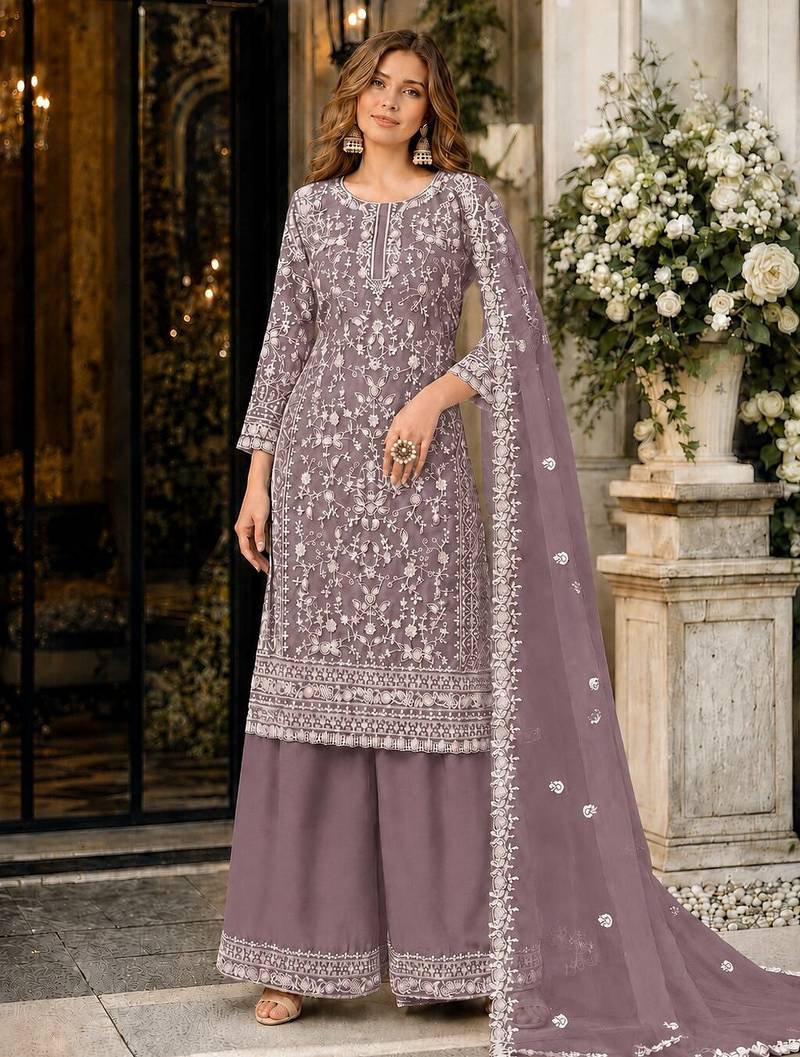 lavender embroidered net semi stitched plazzo suit