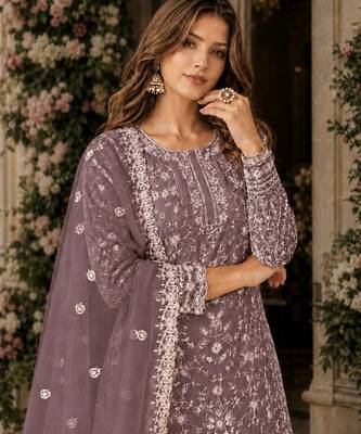 lavender embroidered net semi stitched plazzo suit 2