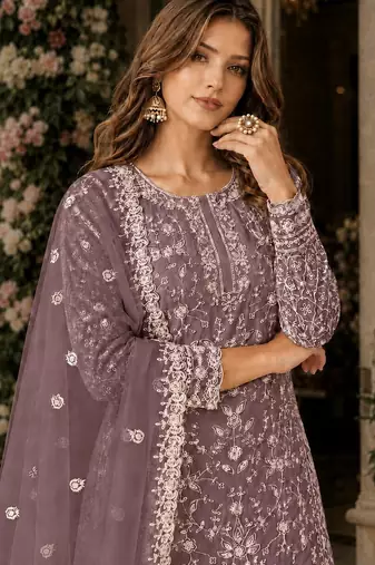 lavender embroidered net semi stitched plazzo suit