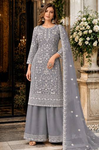 grey embroidered net semi stitched plazzo suit