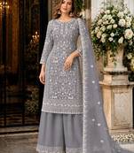 grey embroidered net semi stitched plazzo suit