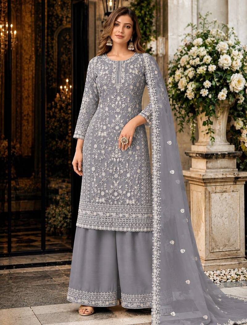 grey embroidered net semi stitched plazzo suit