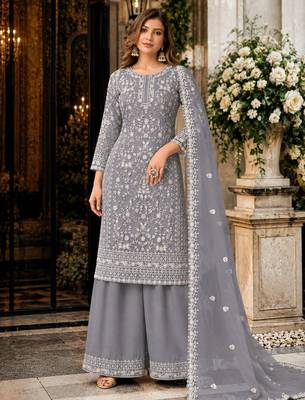grey embroidered net semi stitched plazzo suit 2