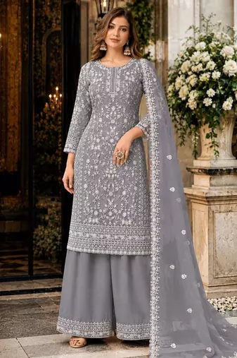 grey embroidered net semi stitched plazzo suit