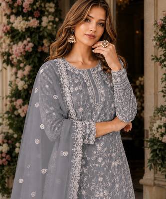 grey embroidered net semi stitched plazzo suit 3