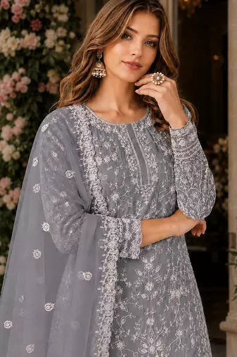 grey embroidered net semi stitched plazzo suit
