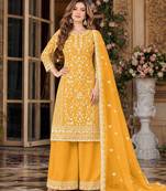 yellow embroidered net semi stitched plazzo suit