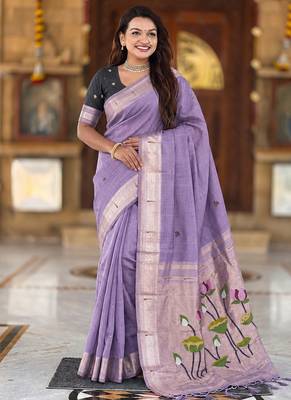 Lavender cotton silk saree with colorful floral weaving pallu with blouse 1