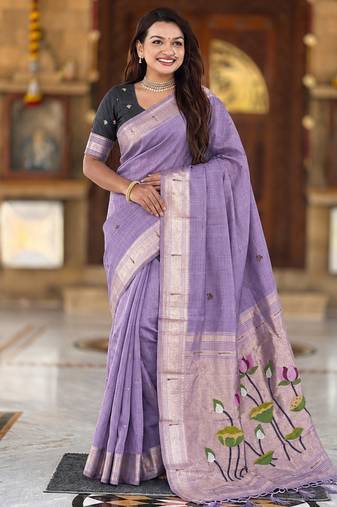 Lavender cotton silk saree with colorful floral weaving pallu with blouse
