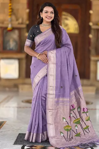 Lavender cotton silk saree with colorful floral weaving pallu with blouse