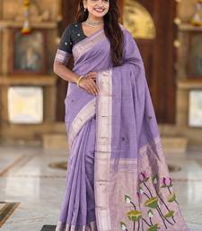 Lavender cotton silk saree with colorful floral weaving pallu with blouse