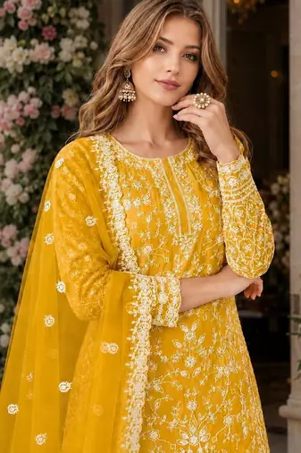 yellow embroidered net semi stitched plazzo suit