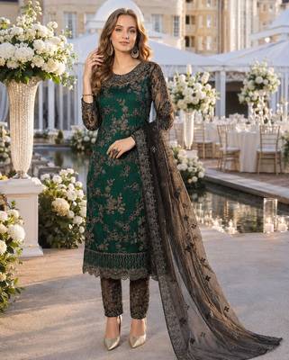 green embroidered net semi stitched salwar suit 1