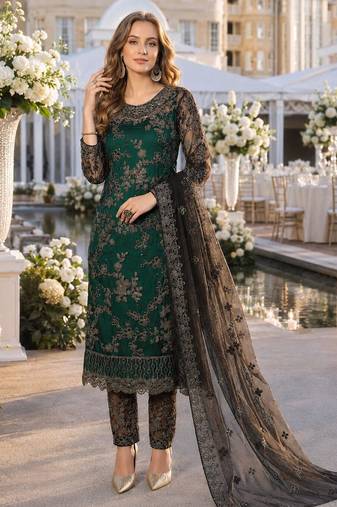 green embroidered net semi stitched salwar suit