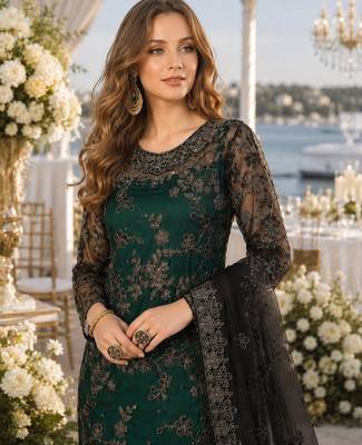 green embroidered net semi stitched salwar suit 2