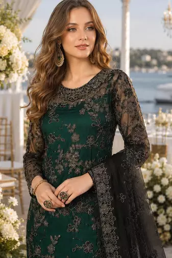 green embroidered net semi stitched salwar suit
