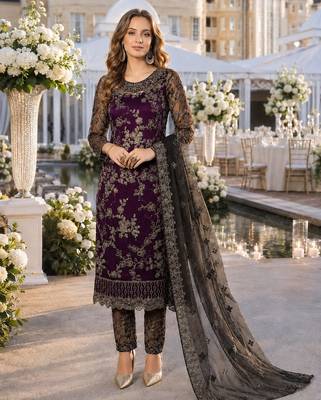 purple embroidered net semi stitched salwar suit 1
