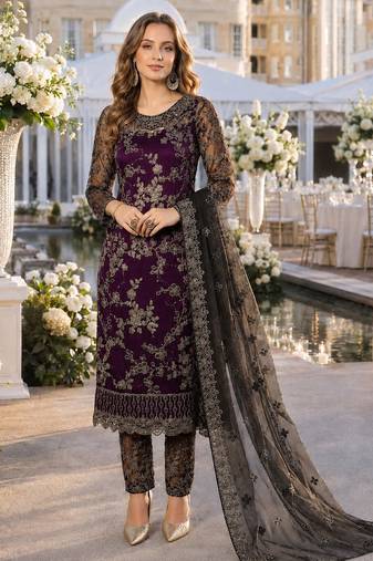 purple embroidered net semi stitched salwar suit
