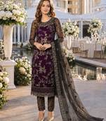 purple embroidered net semi stitched salwar suit