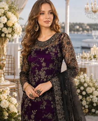 purple embroidered net semi stitched salwar suit 2