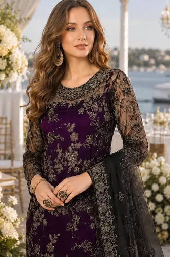 purple embroidered net semi stitched salwar suit