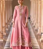 Designer pink silk blend embroidered shrug plazzo suit
