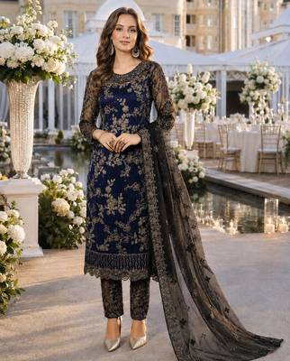 navy blue embroidered net semi stitched salwar suit 1