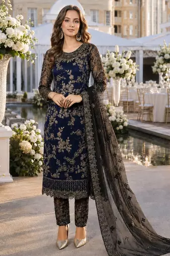 navy blue embroidered net semi stitched salwar suit